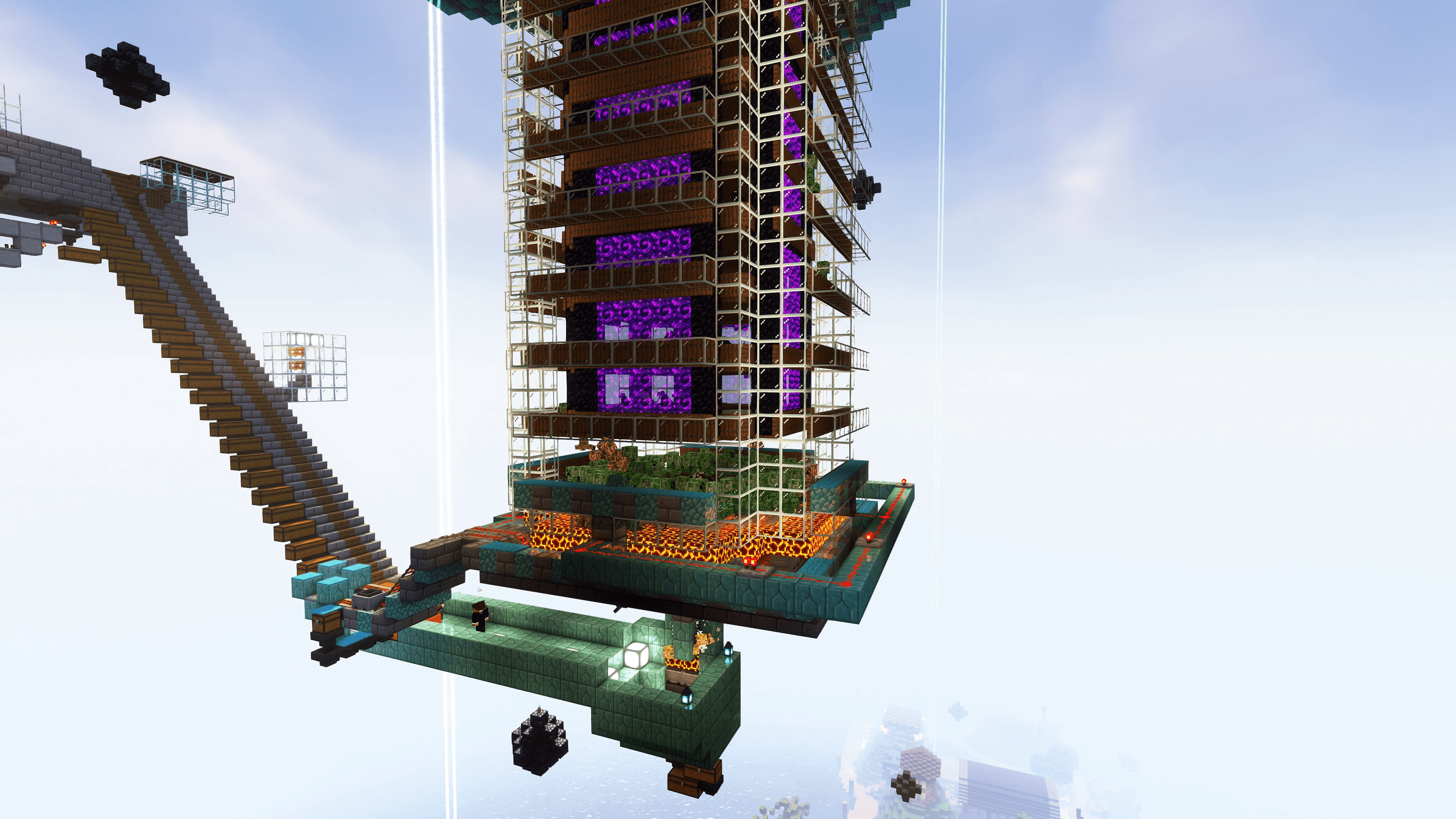 A four-sided Minecraft creeper farm. Creepers fall from nether portals onto magma blocks.