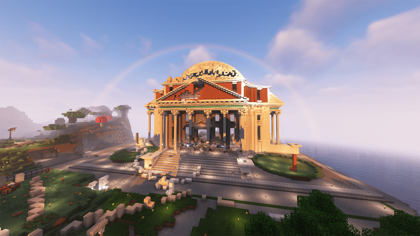 The Pantheon built in Minecraft, partially destroyed with a rainbow arcing over it.