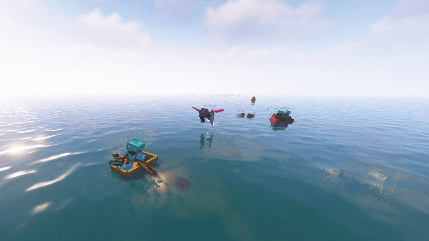A Minecraft player in a boat on the ocean, pursued by another player flying with elytra. 